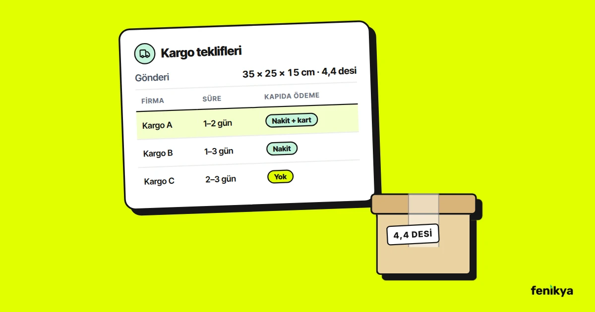 Üç kargo firmasının teslim süresi ve kapıda ödeme seçeneklerini karşılaştıran teklif kartı ve 4,4 desilik koli çizimi