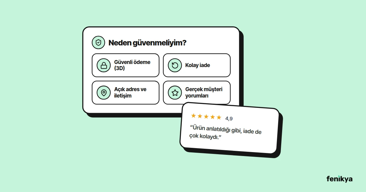 Güvenli ödeme, kolay iade ve gerçek yorum gibi güven rozetlerini gösteren çizim