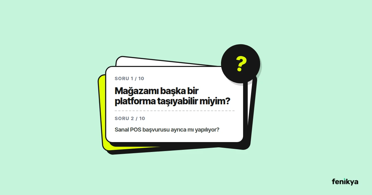 Hazır e-ticaret sitesi seçerken sorulacak soruların yazılı olduğu kart destesi çizimi