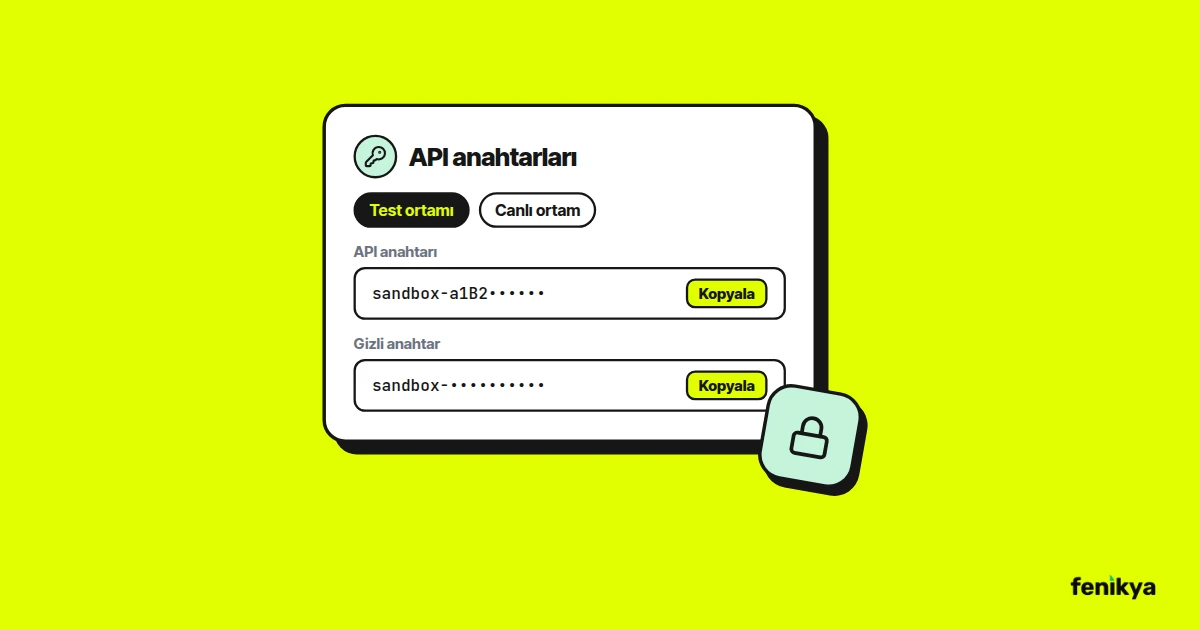 Test ortamı API anahtarı ve gizli anahtar alanlarını gösteren ayar ekranı çizimi