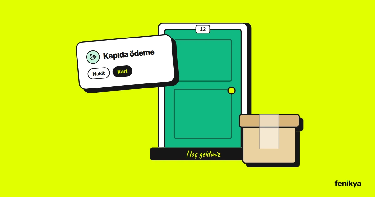 Kapının önüne bırakılmış koli ve kapıda ödeme seçenekleri çizimi
