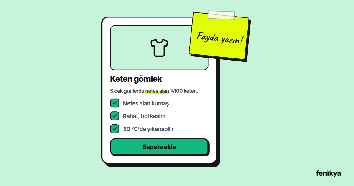 Fayda odaklı açıklaması olan ürün sayfası çizimi
