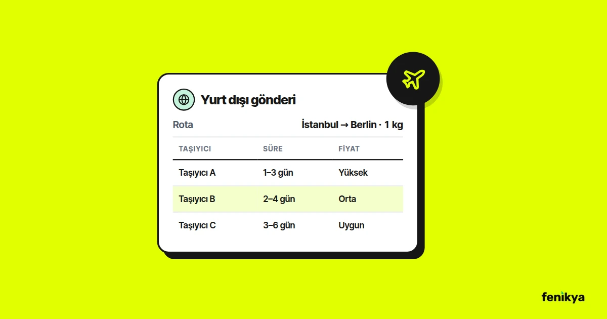 Üç uluslararası taşıyıcının süre ve fiyatını karşılaştıran tablo çizimi